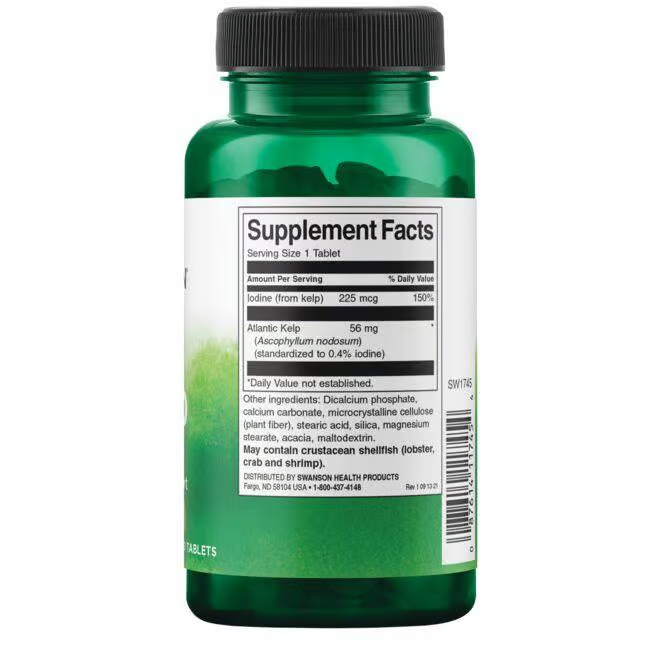 A green bottle with a white label shows supplement facts for Swanson's Kelp - Iodine Source 250 Tablets, designed to support thyroid health with Atlantic kelp.