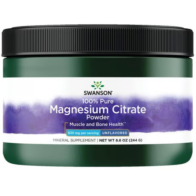 Explore Swanson's 100% Pure Magnesium Citrate Powder, an unflavored dietary supplement for enhanced bioavailability, in a convenient 244 g container.