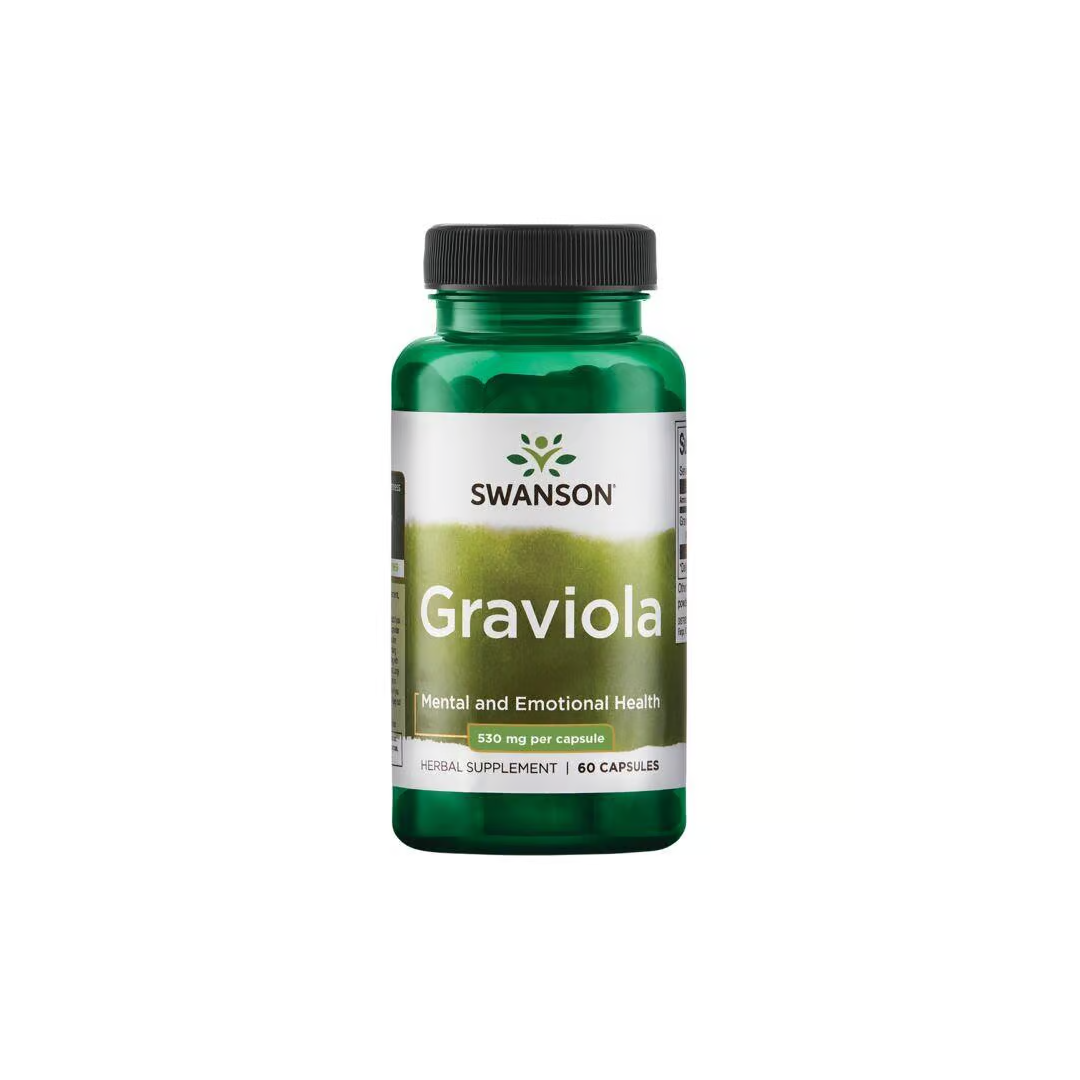 Green bottle of Swanson's Graviola 530 mg 60 Capsules, a renowned South American herb labeled for mental, emotional health, and immune support.