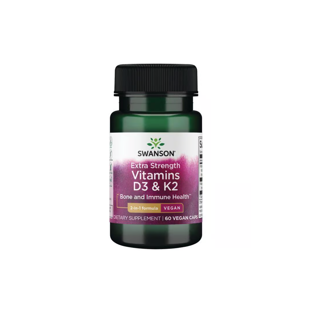 A bottle of Swanson Extra Strength Vitamins D3 (5000 IU) & K2 (100 mcg) dietary supplement for bone health and immune support, containing 60 veggie capsules.