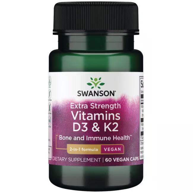 Swanson Extra Strength Vitamins D3 (5000 IU) & K2 (100 mcg), 60 veggie capsules, dietary supplement to support bone health and immune function.