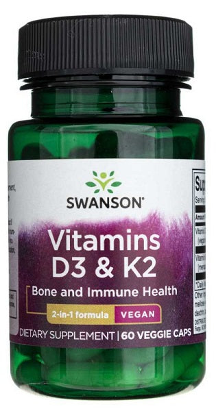 Swanson Vitamins D3 2000 IU & K2 75 mcg 60 Vegetable Capsules for bone health, Vitamin D3 and calcium absorption.