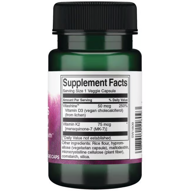 A Swanson supplement bottle, featuring a white label with Supplement Facts for bone health, contains Vitamins D3 (2000 IU) and K2 (75 mcg), along with rice flour and malic acid.