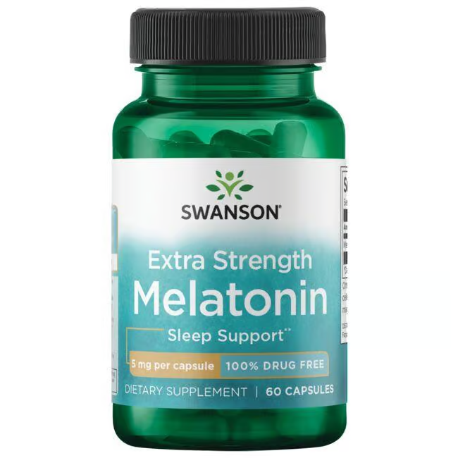 Swanson's Extra Strength Melatonin 5 mg, 100% drug-free, comes in a green bottle with 60 capsules to support your sleep cycle and ease jet lag for restful nights.