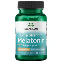 Thumbnail for Swanson's Extra Strength Melatonin 5 mg, 100% drug-free, comes in a green bottle with 60 capsules to support your sleep cycle and ease jet lag for restful nights.