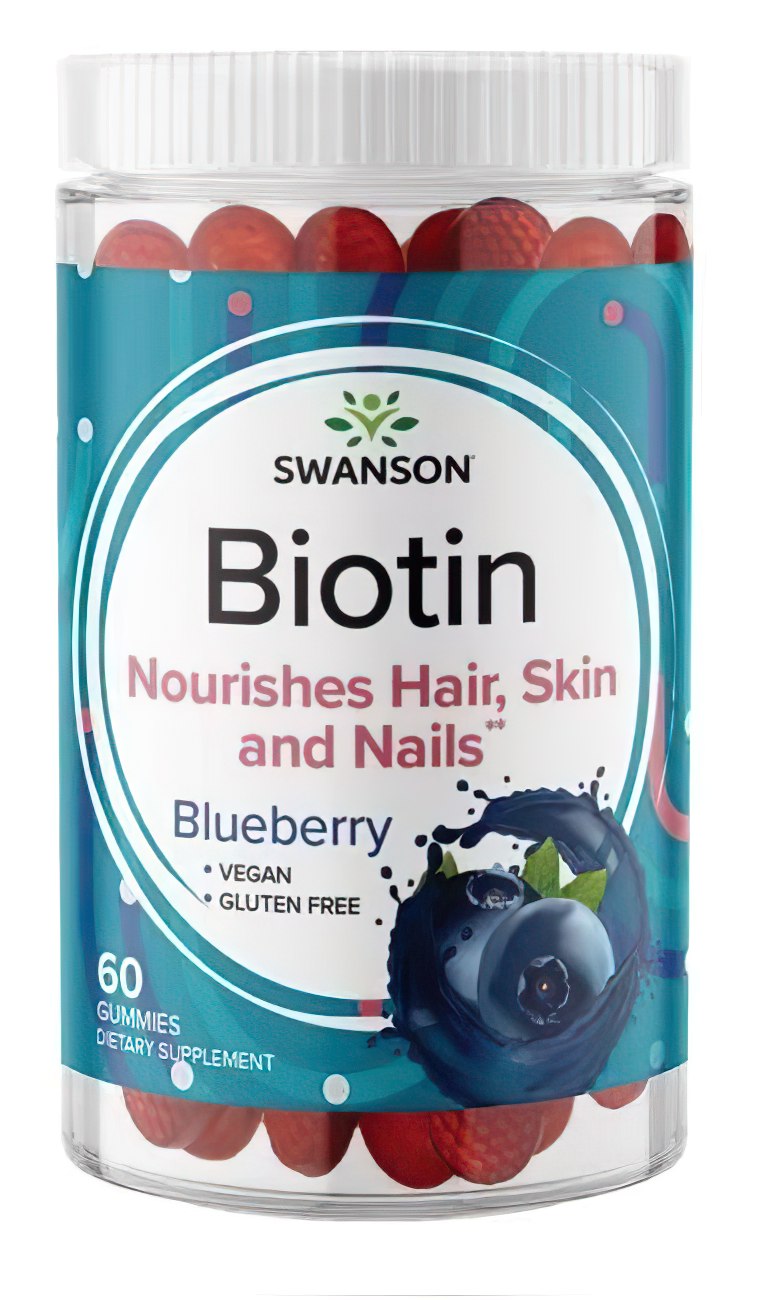 Swanson Biotin 5000 mcg 60 Gummies - Blueberry nourishes hair, skin and nails.