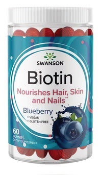 Thumbnail for Swanson Biotin 5000 mcg 60 Gummies - Blueberry nourishes hair, skin and nails.