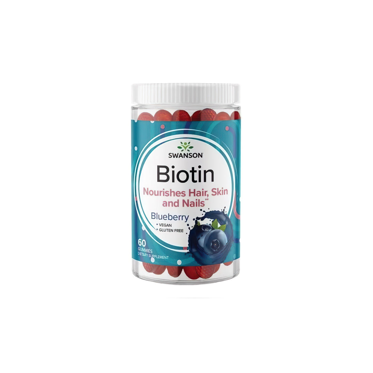 A jar of Swanson's Biotin 5000 mcg 60 Gummies - Blueberry.