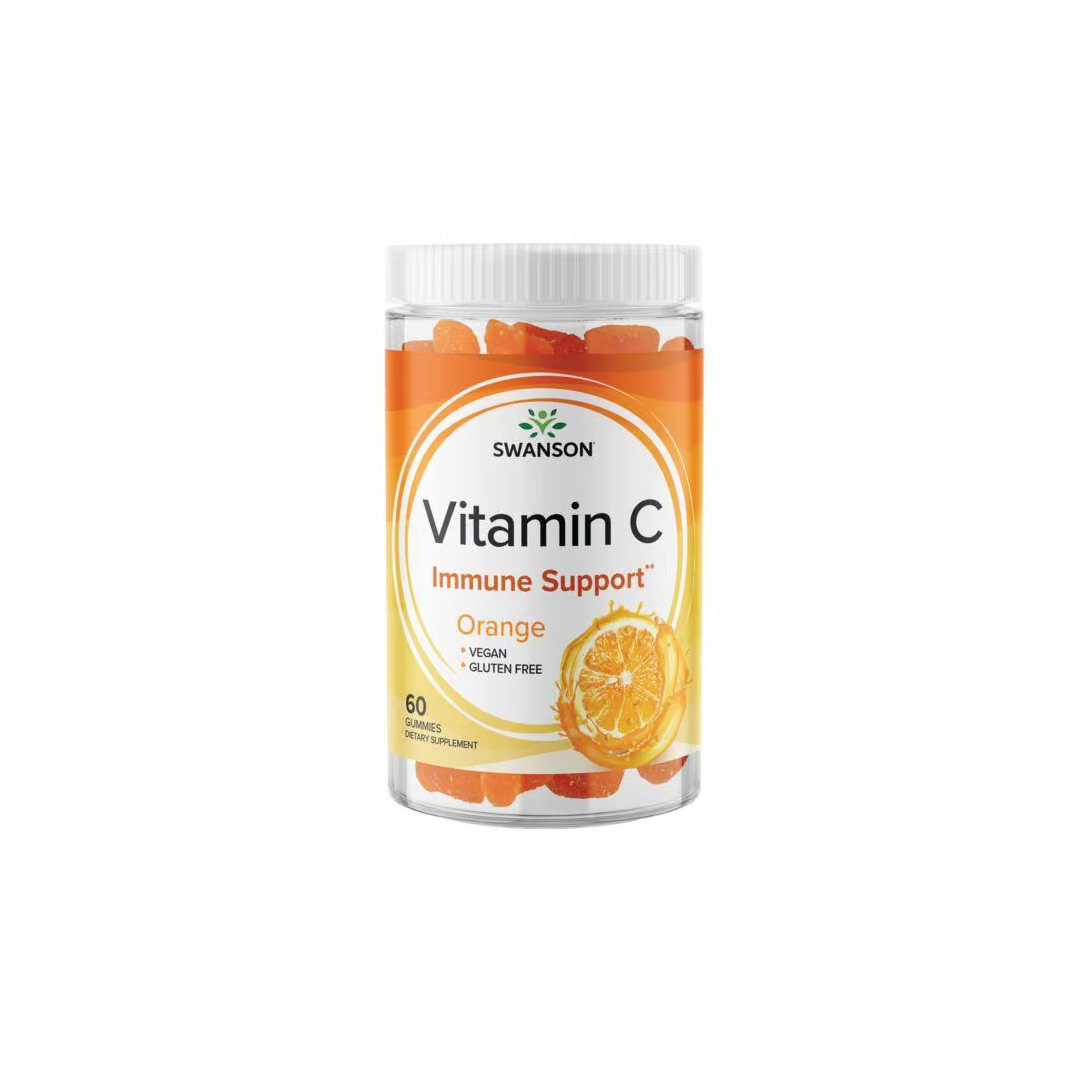 Swanson's Vitamin C 250 mg Orange Gummies provide 60 vegan, gluten-free gummies labeled "Immune Support," delivering rich vitamin C for antioxidant and immune system benefits.