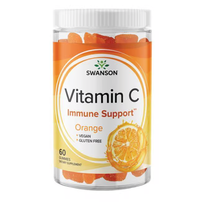 A transparent jar of Swanson Vitamin C 250 mg gummies, labeled "Immune Support" in orange and white, contains 60 vegan and gluten-free orange-flavored gummies designed for immune support.