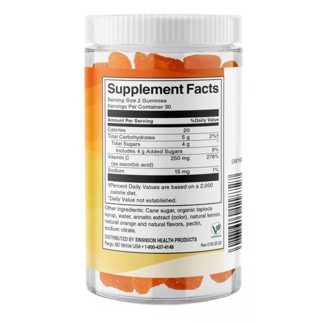 Swanson Vitamin C 250 mg, 60 Orange Gummies, with labeled Supplement Facts provide nutrition details and are enriched with Vitamin C for antioxidant benefits and immune support.