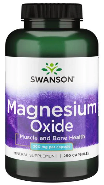 A bottle of Swanson Magnesium Oxide - 200 mg 250 capsules.