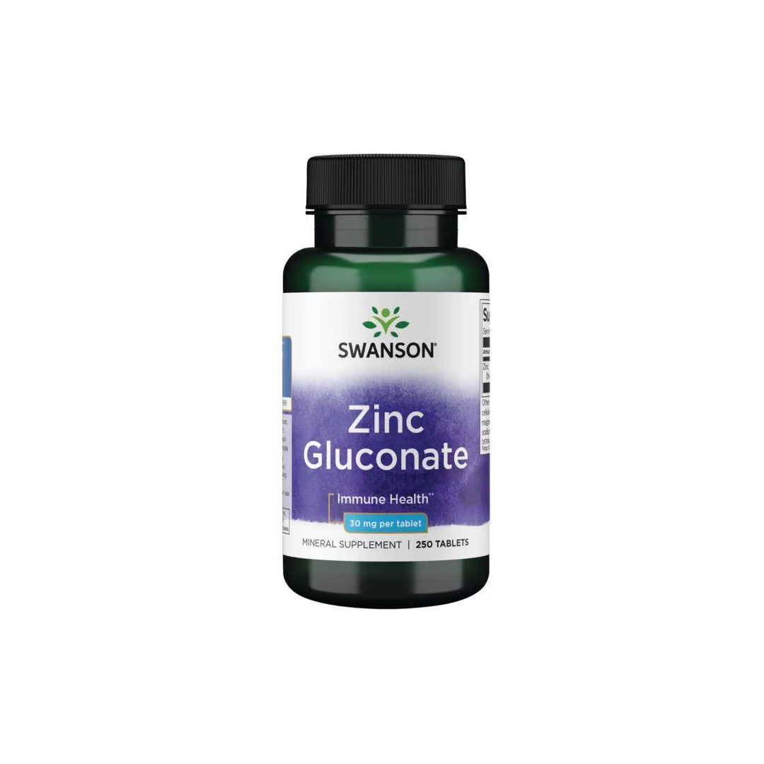 Swanson Zinc Gluconate 30 mg supplement offers immune support and is rich in antioxidants, with each bottle containing 250 tablets.