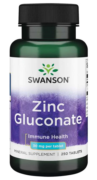 Bottle of Swanson Zinc Gluconate 30 mg 250 Tablets dietary supplement, claiming to support daily wellness.