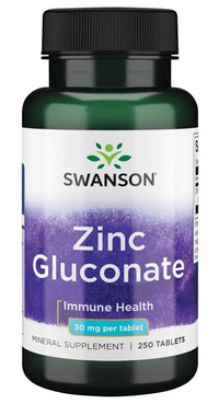 Thumbnail for Bottle of Swanson Zinc Gluconate 30 mg 250 Tablets dietary supplement, claiming to support daily wellness.
