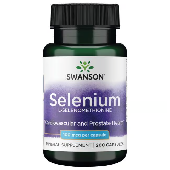 Swanson's Selenium L-Selenomethionine, 100 mcg, offers 200 capsules designed to support cardiovascular health, prostate health, immune function, and overall well-being.