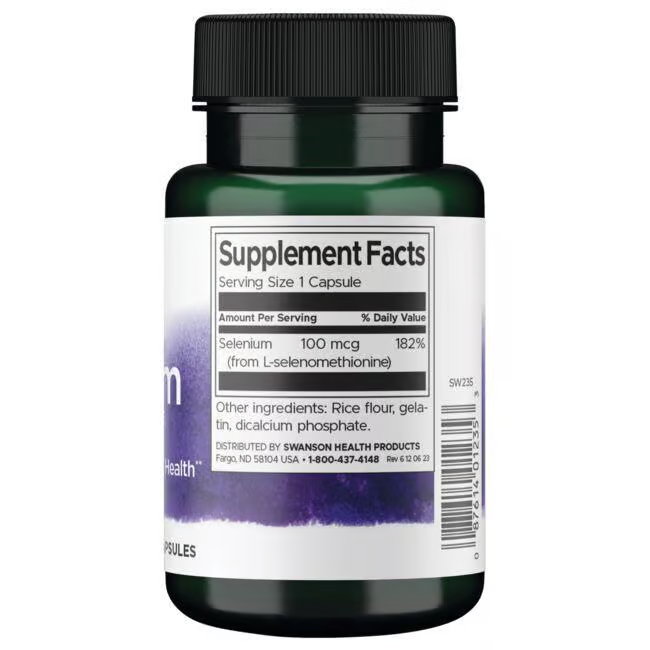 Selenium L-Selenomethionine 100 mcg by Swanson, packaged in green bottles with 200 capsules. Supplement Facts highlights 100 mcg per capsule and includes rice flour, gelatin, and dicalcium phosphate for optimal bioavailability to support immune function.