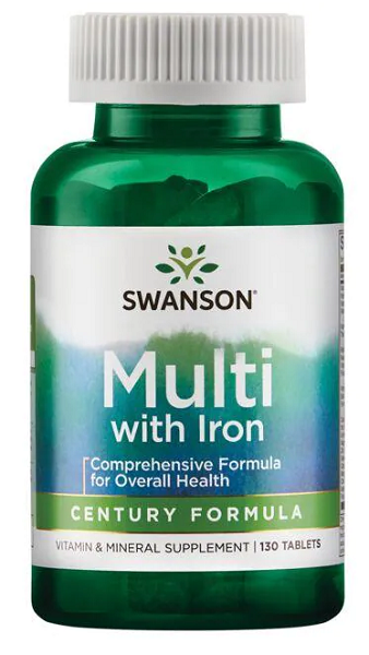 Swanson Multi with Iron 130 Tab Century Formula multivitamin with essential vitamins and minerals for antioxidant protection.