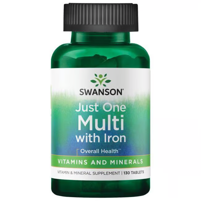 Swanson's "Just One Multi with Iron" offers 130 green tablets loaded with essential vitamins and minerals for overall health.