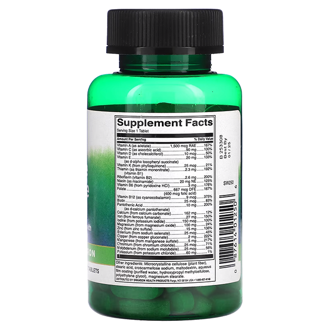 Swanson's Just One Multi with Iron 130 Tablets, in a green bottle, prominently displays dietary supplement facts, ingredients, and serving size.