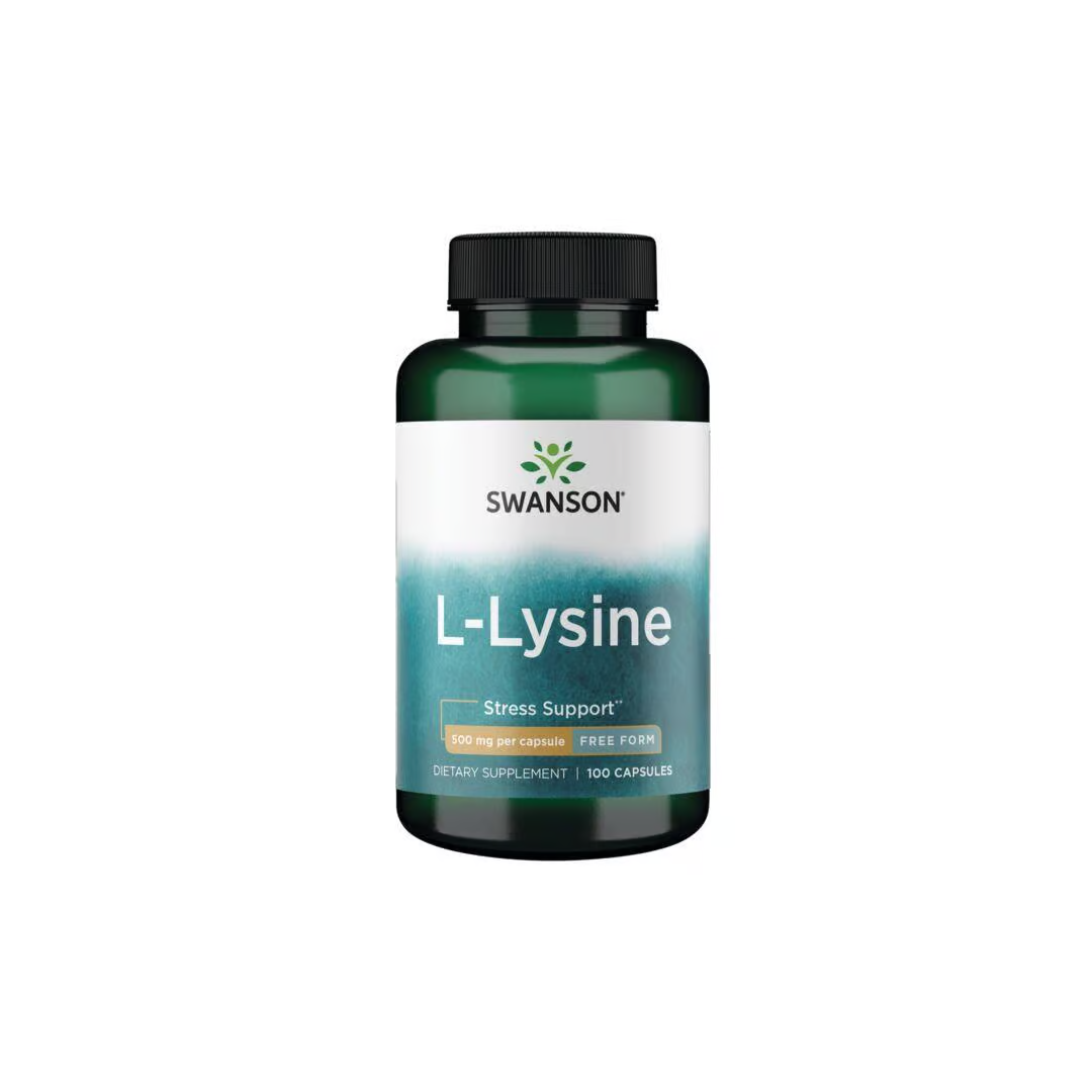 Swanson's L-Lysine 500 mg supplement supports stress and immune health. This green bottle contains 100 capsules, each packed with the essential amino acid Lysine.