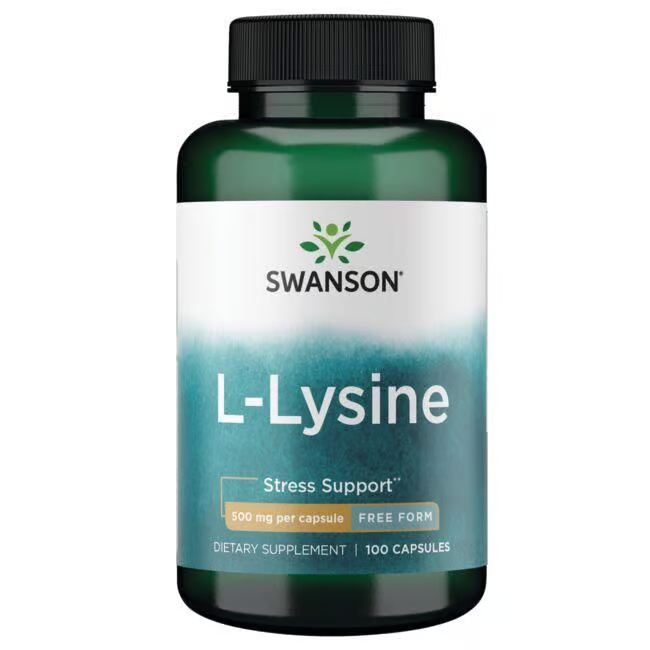 Swanson's L-Lysine 500 mg, 100 Capsules bottle supports the immune system and stress relief.