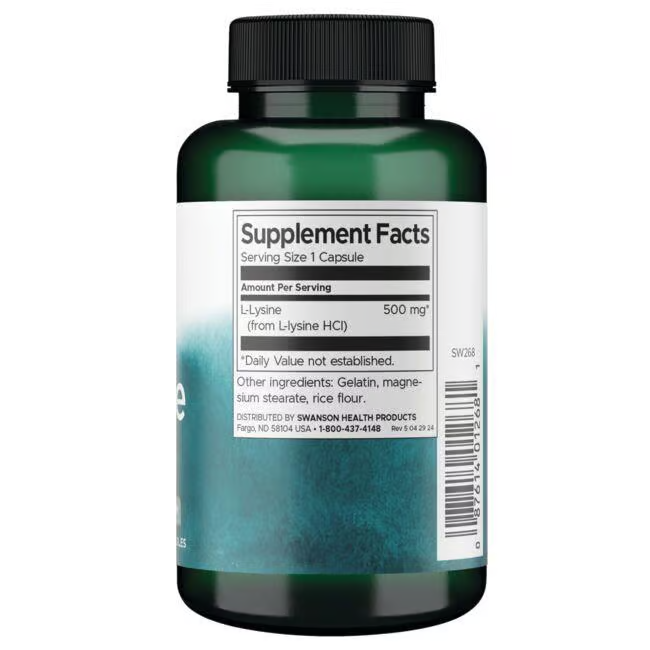 A green supplement bottle of Swanson's L-Lysine 500 mg 100 Capsules highlights this essential amino acid for immune support. Other ingredients include gelatin and rice flour.