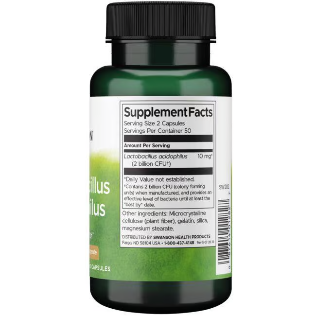 A bottle of Swanson Lactobacillus Acidophilus 1 billion CFU 100 Capsules shows the Supplement Facts label, highlighting digestive support, serving size, and ingredient details.