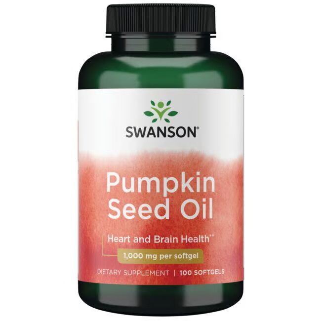Swanson Pumpkin Seed Oil 1000 mg, 100 Softgels, supports heart, brain, and prostate health.