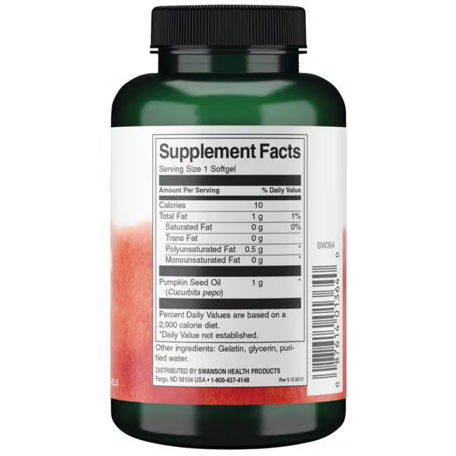 A bottle of Swanson Pumpkin Seed Oil 1000 mg 100 Softgels with a Supplement Facts label showing calories, fat content, and other ingredients that may support prostate health.