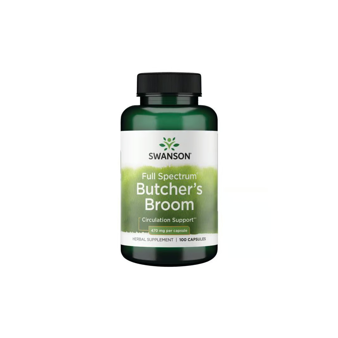 Swanson's Butchers Broom 470 mg, with 100 capsules, supports the circulatory system and promotes healthy blood flow.