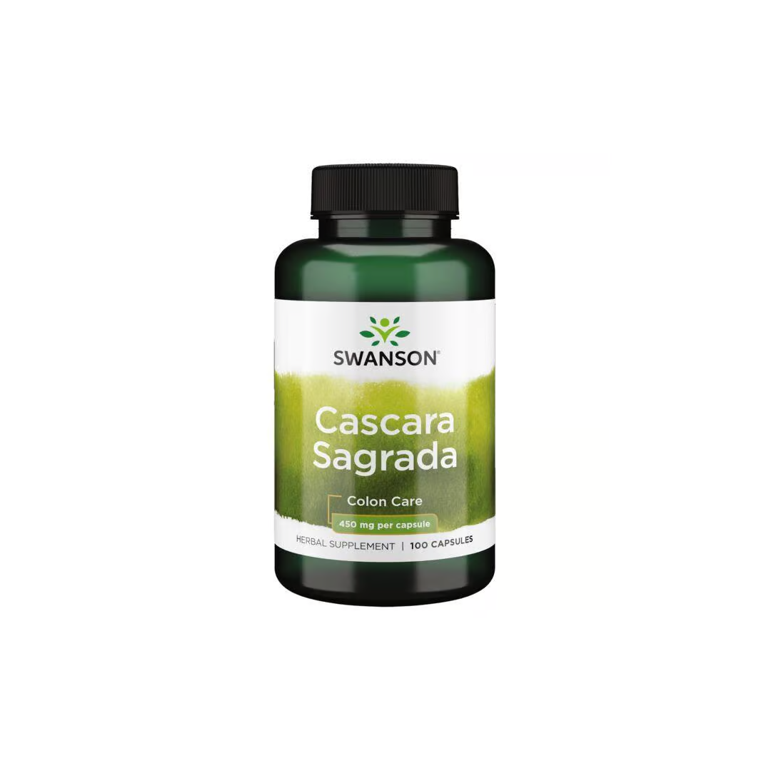 Swanson's Cascara Sagrada 450 mg, 100 capsules, supports colon care and digestive health with a mild laxative effect.