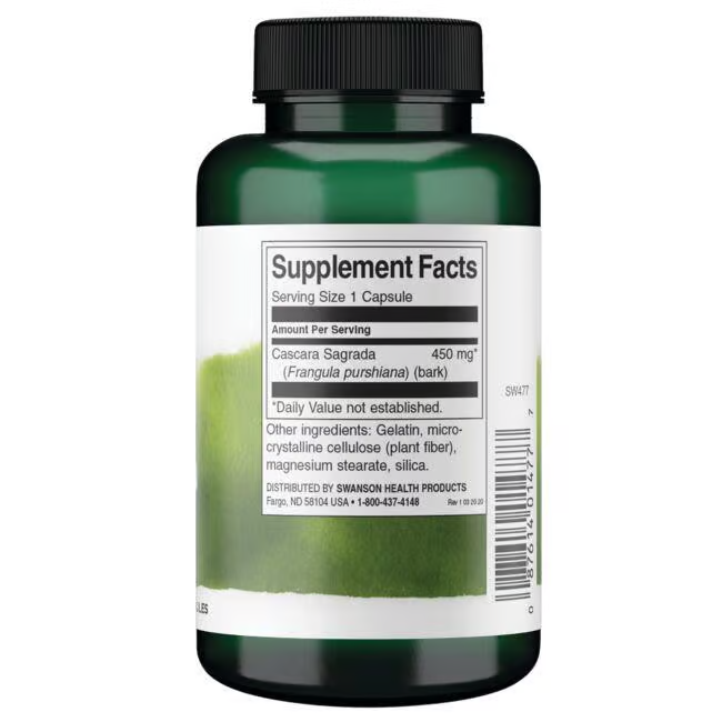 Swanson's Cascara Sagrada, 450 mg per capsule, comes in a green bottle with labeled supplement facts. This mild laxative supports digestive health and includes natural ingredients for overall wellness.