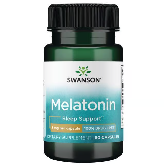 Swanson's Melatonin 3 mg 60 Capsules offers a natural sleep support supplement ideal for those seeking a drug-free remedy to combat jet lag and enhance restful slumber.