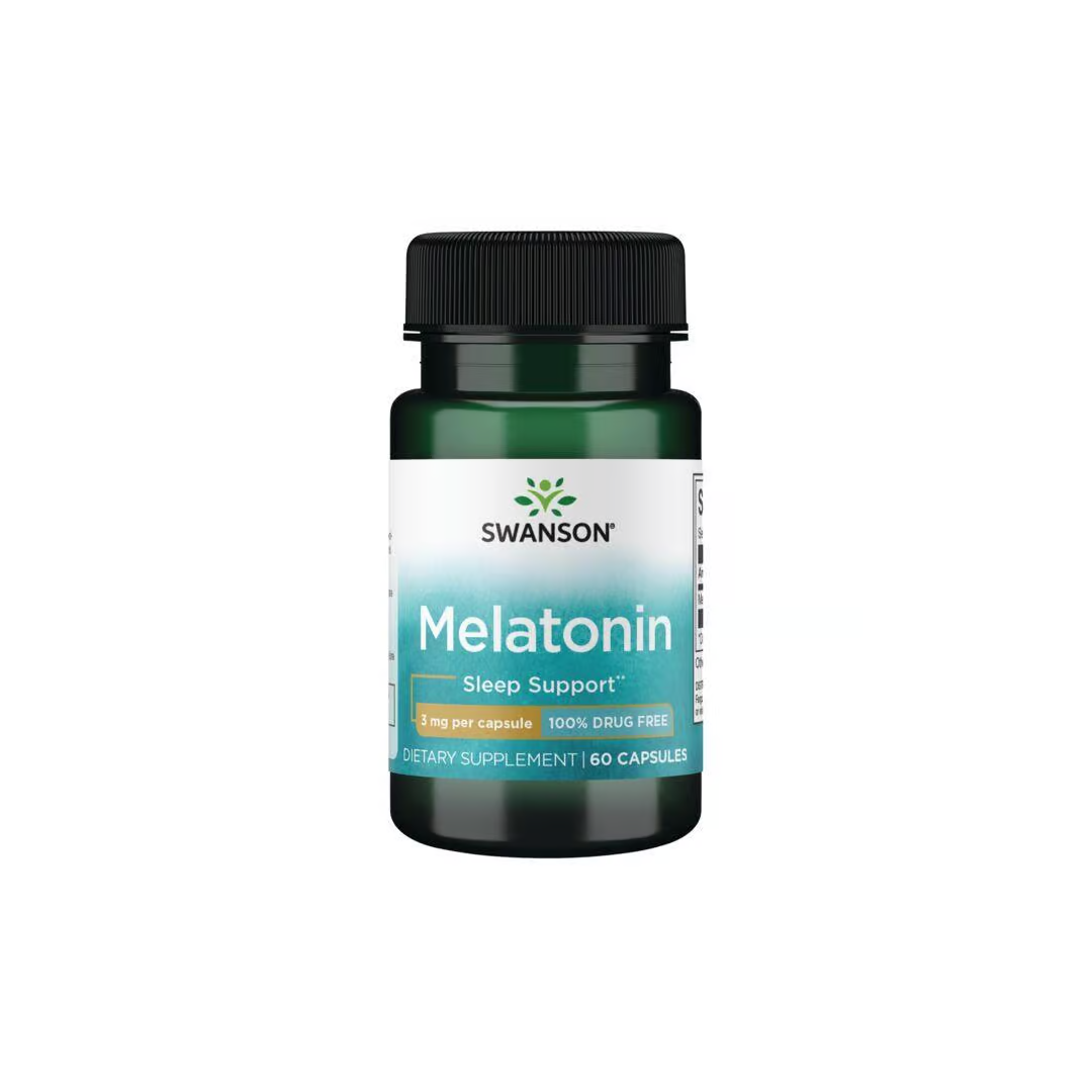 A bottle of Swanson Melatonin 3 mg dietary supplement contains 60 capsules, each with the natural sleep hormone to help combat jet lag. The label boasts "100% drug free.