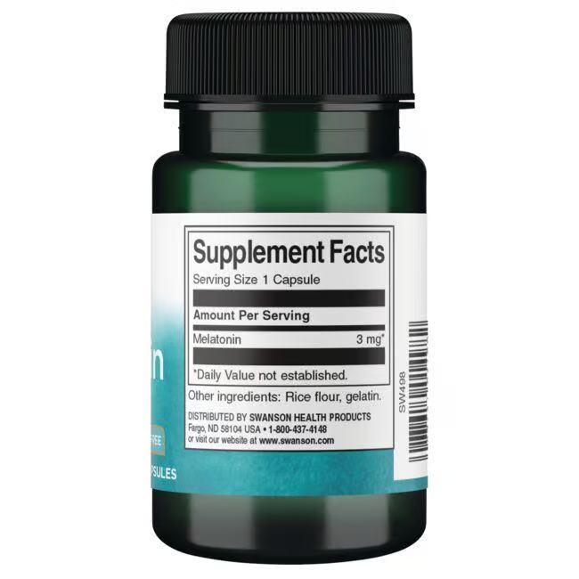 The Swanson Melatonin 3 mg 60 Capsules, designed to aid with jet lag and promote restful sleep, features 3 mg per serving on its label and includes ingredients like rice flour and gelatin.