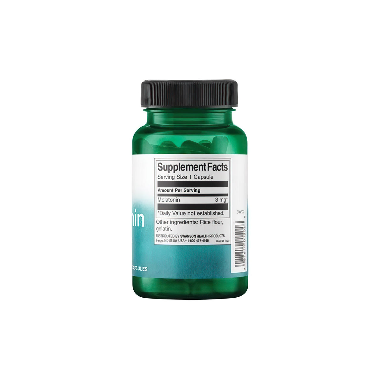 A bottle of Swanson Melatonin - 3 mg 120 capsules on a white background.