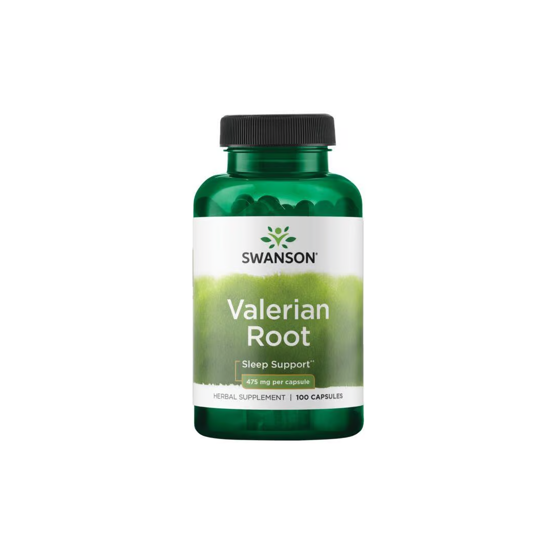 Swanson's Valerian Root 475 mg (100 Capsules) is your go-to for promoting healthy sleep and relaxation, all packed in a convenient green bottle for herbal tranquility.