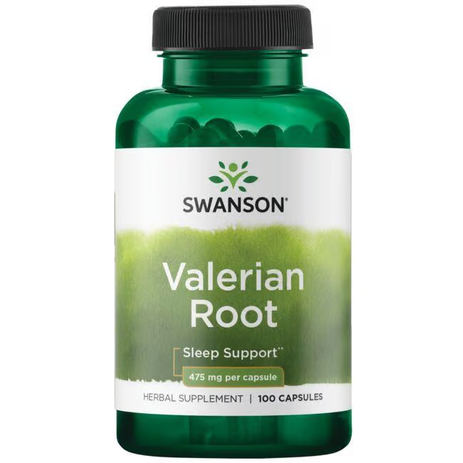 A green Swanson Valerian Root bottle labeled "Sleep Support" contains 100 capsules, each with 475 mg, promoting relaxation and healthy sleep.