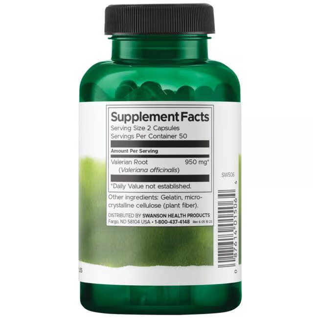 A green bottle of Swanson's Valerian Root 475 mg supplement, designed for relaxation, features a label with facts like 950 mg per serving and ingredients such as gelatin and plant fiber, promoting natural healthy sleep.