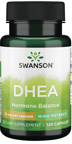 A bottle of Swanson DHEA - High Potency - 25 mg 120 capsules hormone balance.
