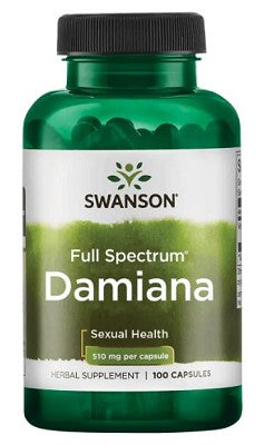 A bottle of Swanson Damiana - 510 mg 100 capsules.