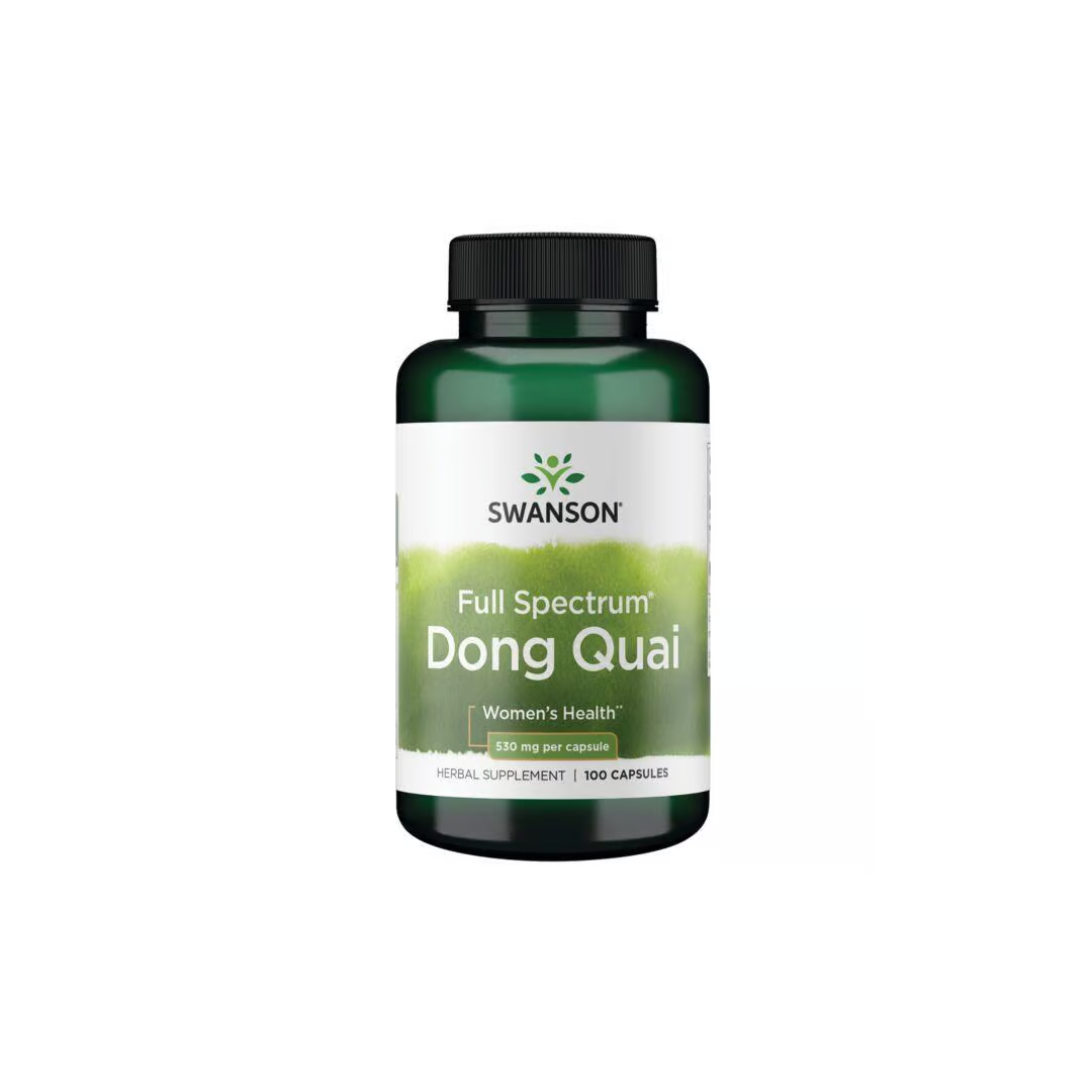 The green bottle labeled "Dong Quai 530 mg 100 Capsules" by Swanson contains traditional Chinese medicine known for supporting women's health during menopause, with each capsule providing 530 mg.