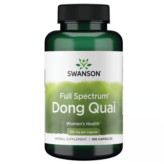 The green bottle labeled "Dong Quai 530 mg 100 Capsules" by Swanson features a herbal supplement rooted in traditional Chinese medicine, supporting women's health during menopause.