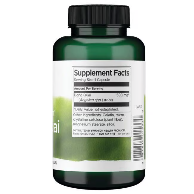 A green bottle of Swanson's Dong Quai dietary supplement, labeled "Supplement Facts," contains 530 mg per capsule of Dong Quai root, a traditional Chinese medicine element. Additional ingredients are listed.