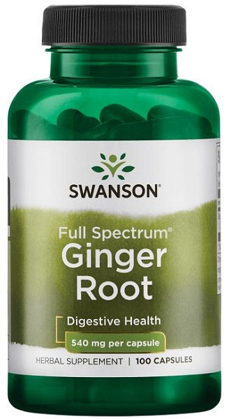 A bottle of Swanson Ginger Root 540 mg 100 caps full spectrum.