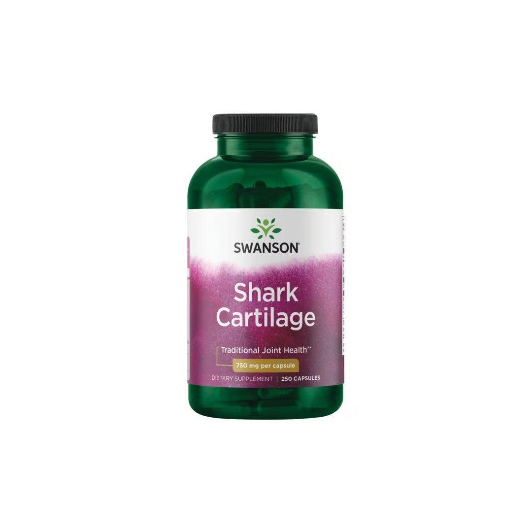 A green bottle labeled "Swanson Shark Cartilage 750 mg 250 Capsules" with a black cap and pink gradient label supports both joint health and the immune system.