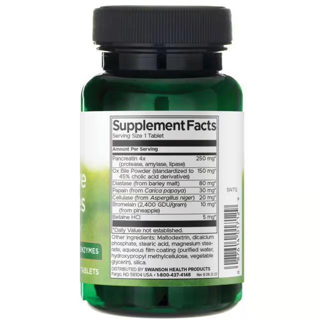 Green "Digestive Enzymes 90 Tablets" bottle with "Supplement Facts" label detailing ingredients and serving size. Features a white cap on a green background, supporting digestion with enzymes. Made by Swanson.