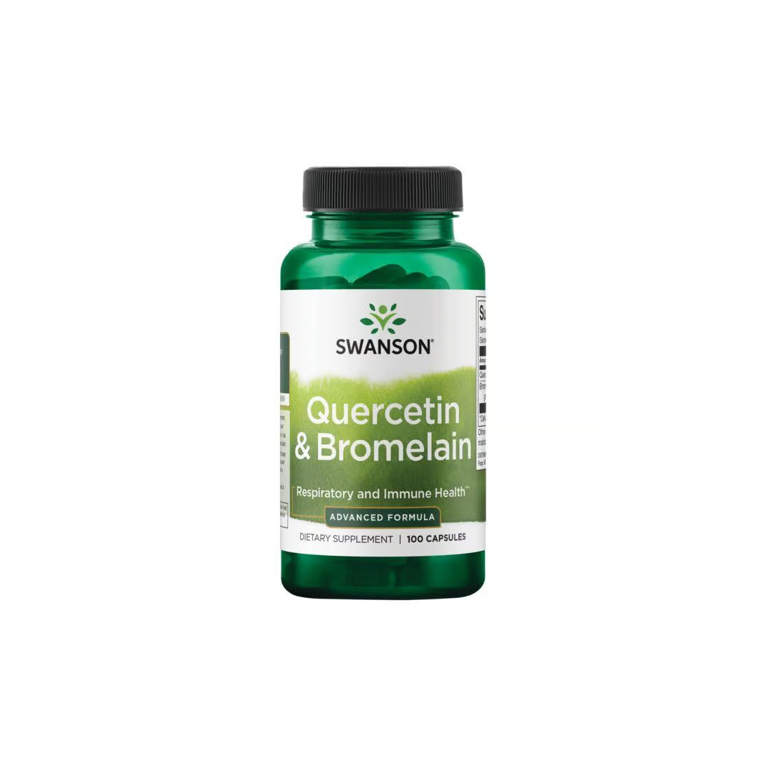 A bottle labeled "Quercetin & Bromelain - Advanced Formula 100 Capsules" by Swanson contains capsules designed to enhance respiratory and immune system health.