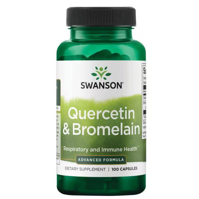 Swanson's Quercetin & Bromelain - Advanced Formula is a green bottle dietary supplement with 100 capsules designed to support respiratory and immune system health.